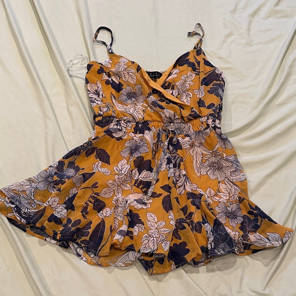 Trixxi Mustard Floral Romper with Navy and Blush Print